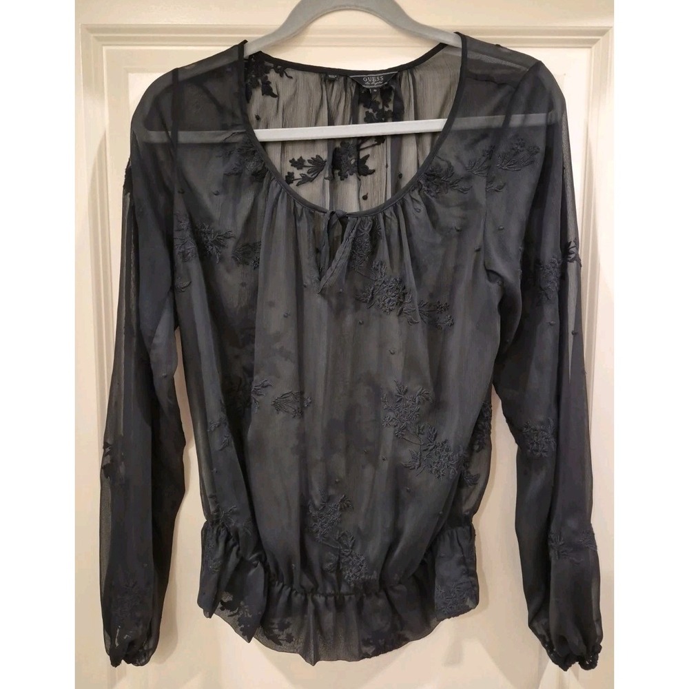 Women's Black Sheer Floral Embroidered Long Sleeve Blouse Whimsigoth Romantic